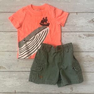 Carters 6m Baby Boy Summer Outfit Set Olive Green Cargo Shorts Whale Shirt